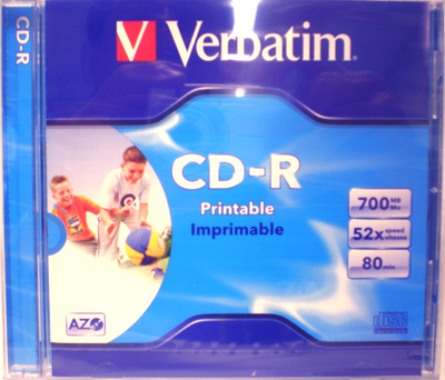 Verbatim CD-R AZO Wide 700Mb WHITE INKJET printable 52x Single. Jewel Case. Ref 43325