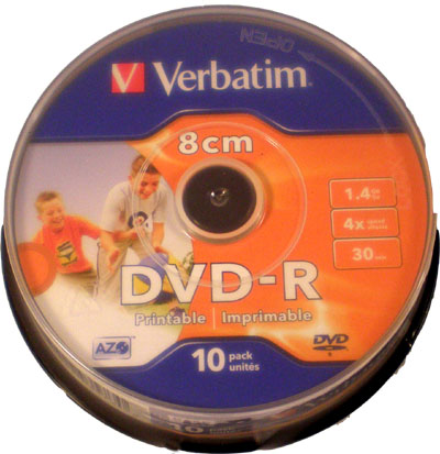 Verbatim DVD-R 8cm 1.4GB WHITE INKJET Spindle 10